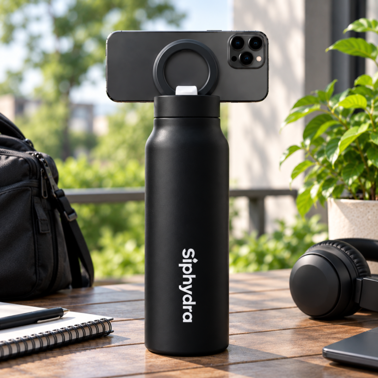 water bottle with mobile stand black