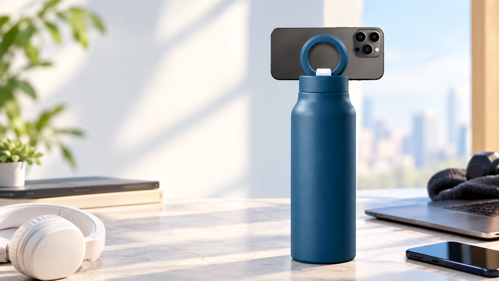 Gym water bottle with built-in mobile phone holder stand placed on a workout bench