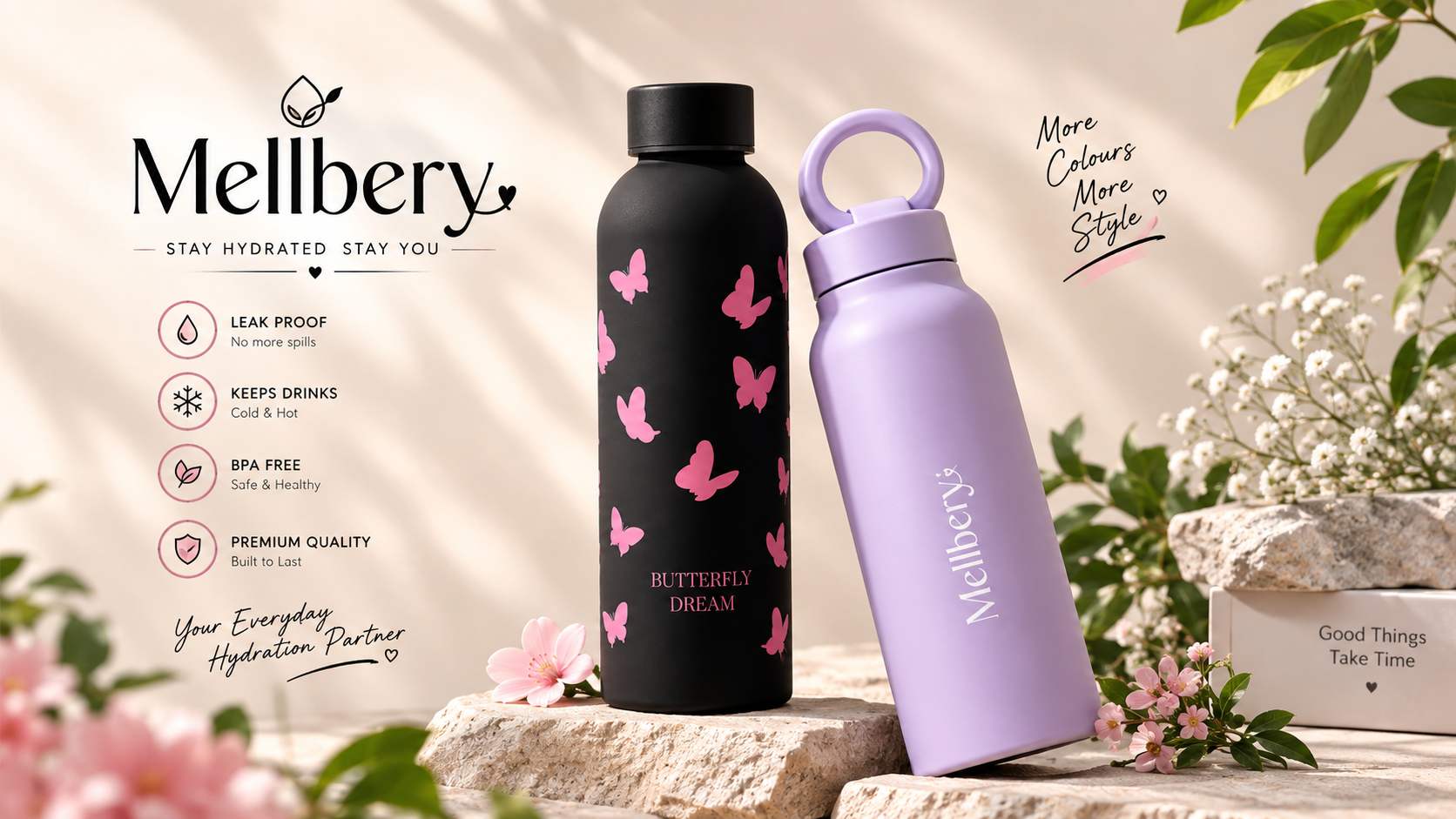 Mellbery white butterfly water bottle